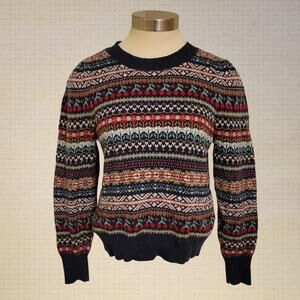 Fair Isle Cherry Knit Sweater J.Crew Navy Trim Womens Small Pullover Jumper
